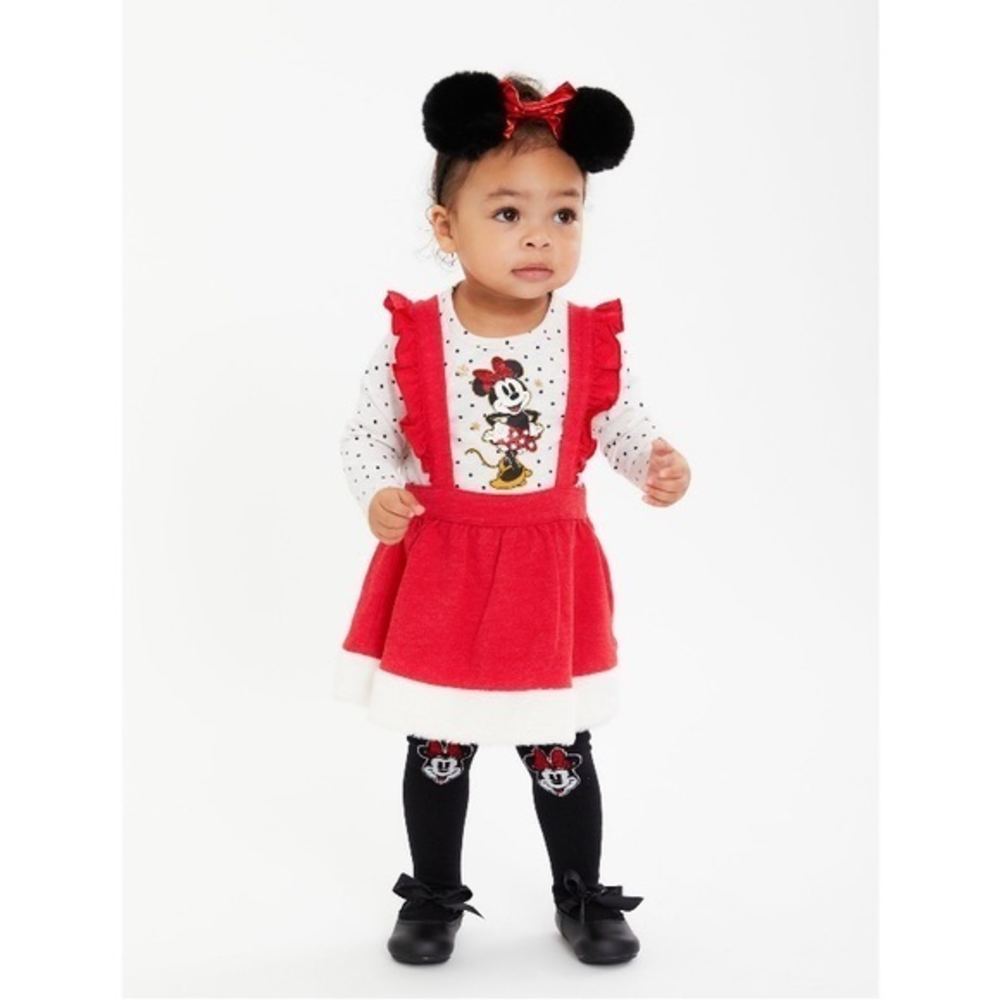 Disney Minnie Mouse Baby Girl Top, Pinafore and Tights Christmas Holiday Outfit‎